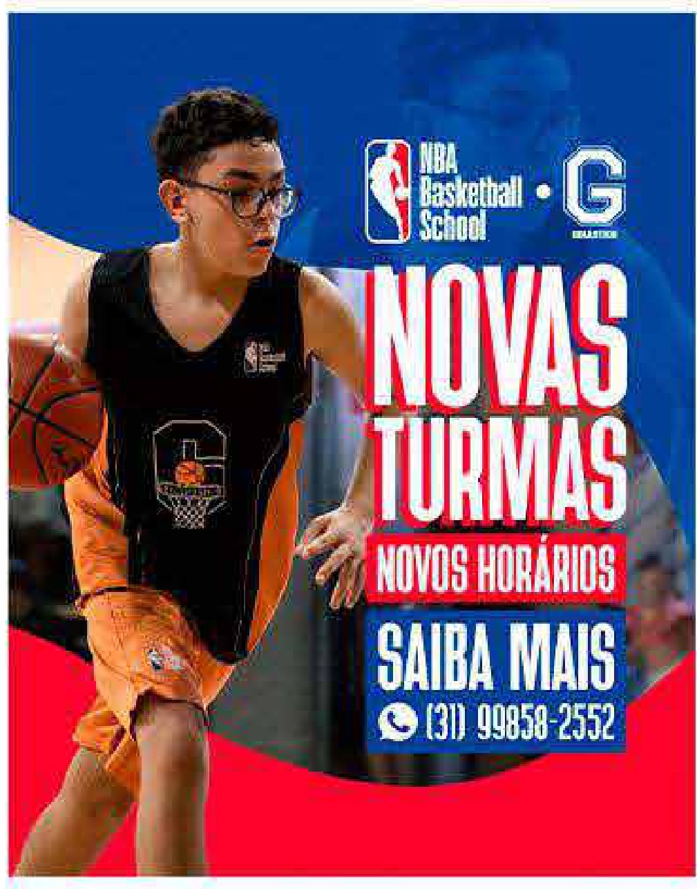 Arte de social media anunciando novas turmas de escola de basquete