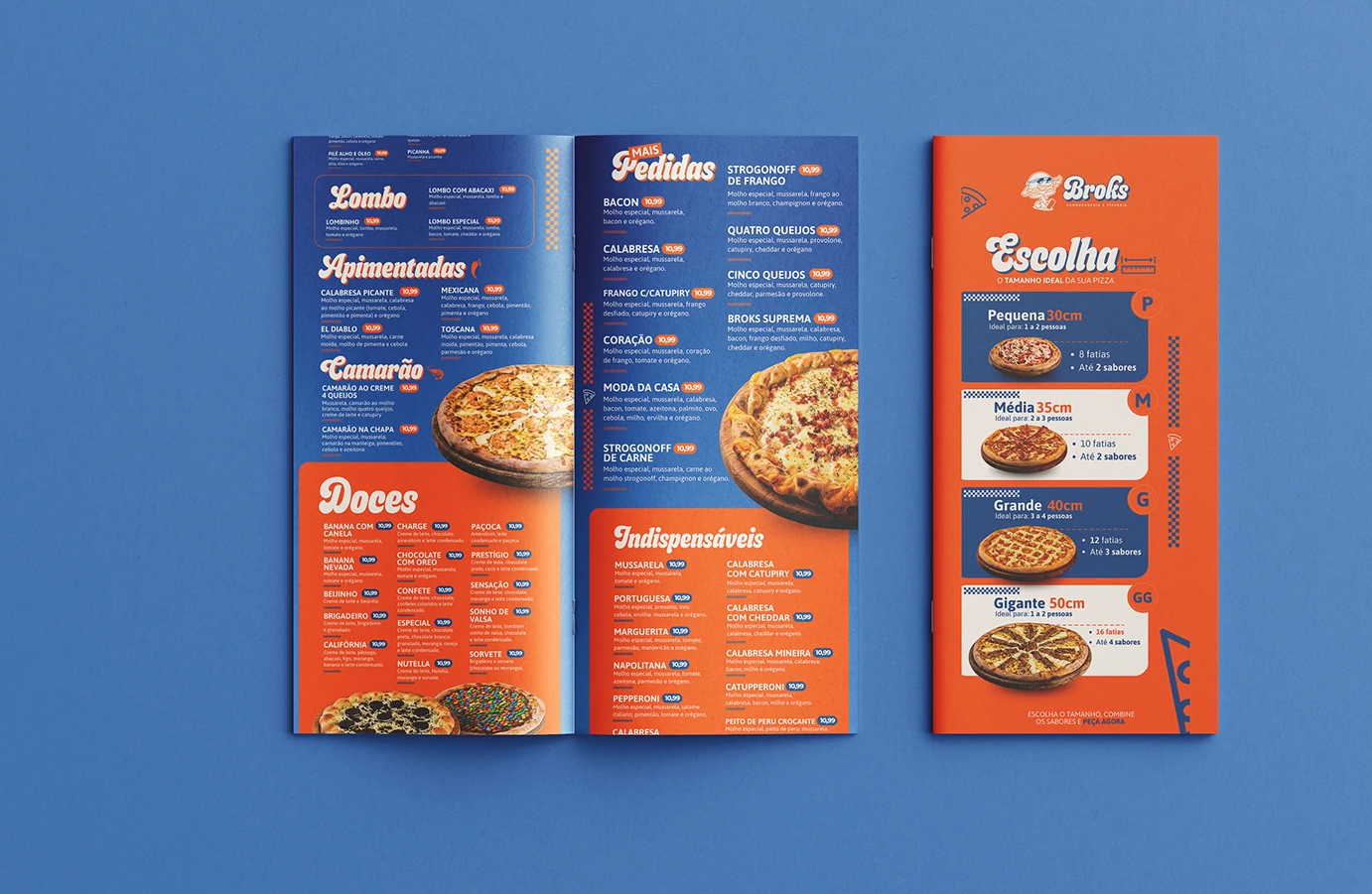 Cardápio de pizzaria com design editorial em laranja e azul