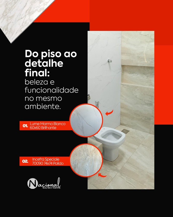 Arte de social media para Nacional Pisos e Revestimentos destacando produtos Lume Marmo Bianco e Incefra Speciale