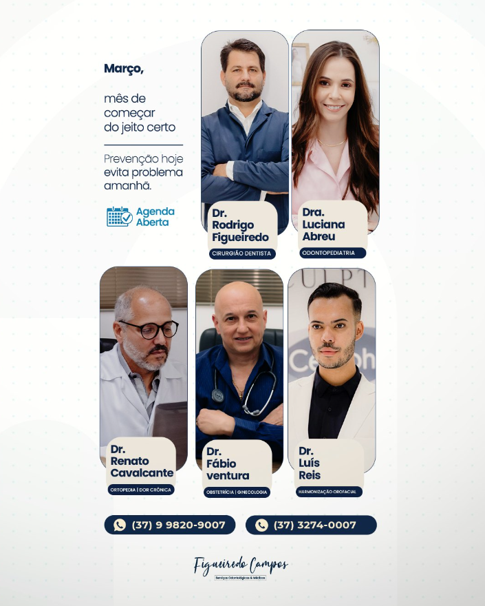 Arte de social media da clínica Figueiredo Campos com especialistas médicos